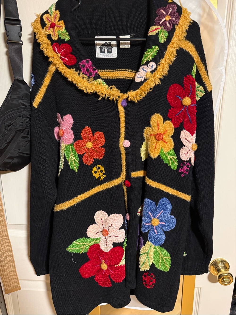 Storybook Knits Black Cardigan with Multi-Color Floral Embroidery and Gold Trim